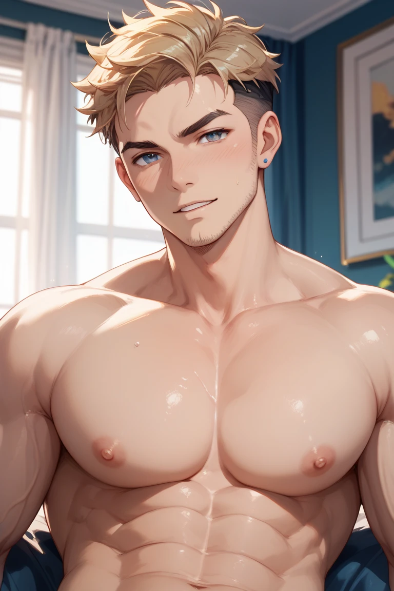 best quality, masterpiece, extremely detailed, close up of handsome muscular man with medium length curtain bangs, lays his head on another man's crotch, big erect penis press against his cheek, sexy, gay homoerotic, dark cinematic lighting, extremely dramatic shadows, romantic atmosphere, best view, best pov, perfection, no watermark, no logo, no signature