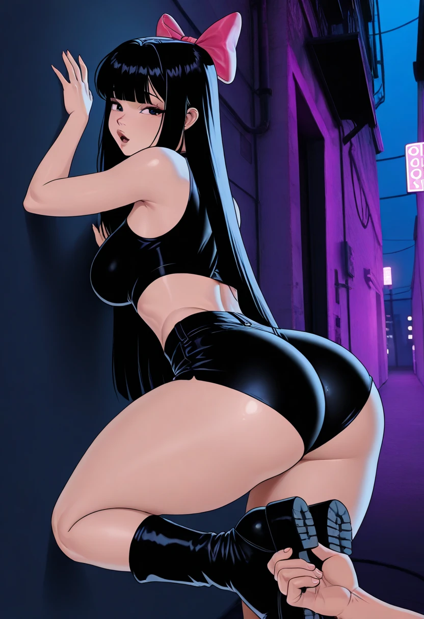 Goth girl, giant fat booty, pear bottom, black lips, dark tones, tight clothes, 80s anime style, dark lighting, black background, back lit, by Studio Ghibli --ar 9