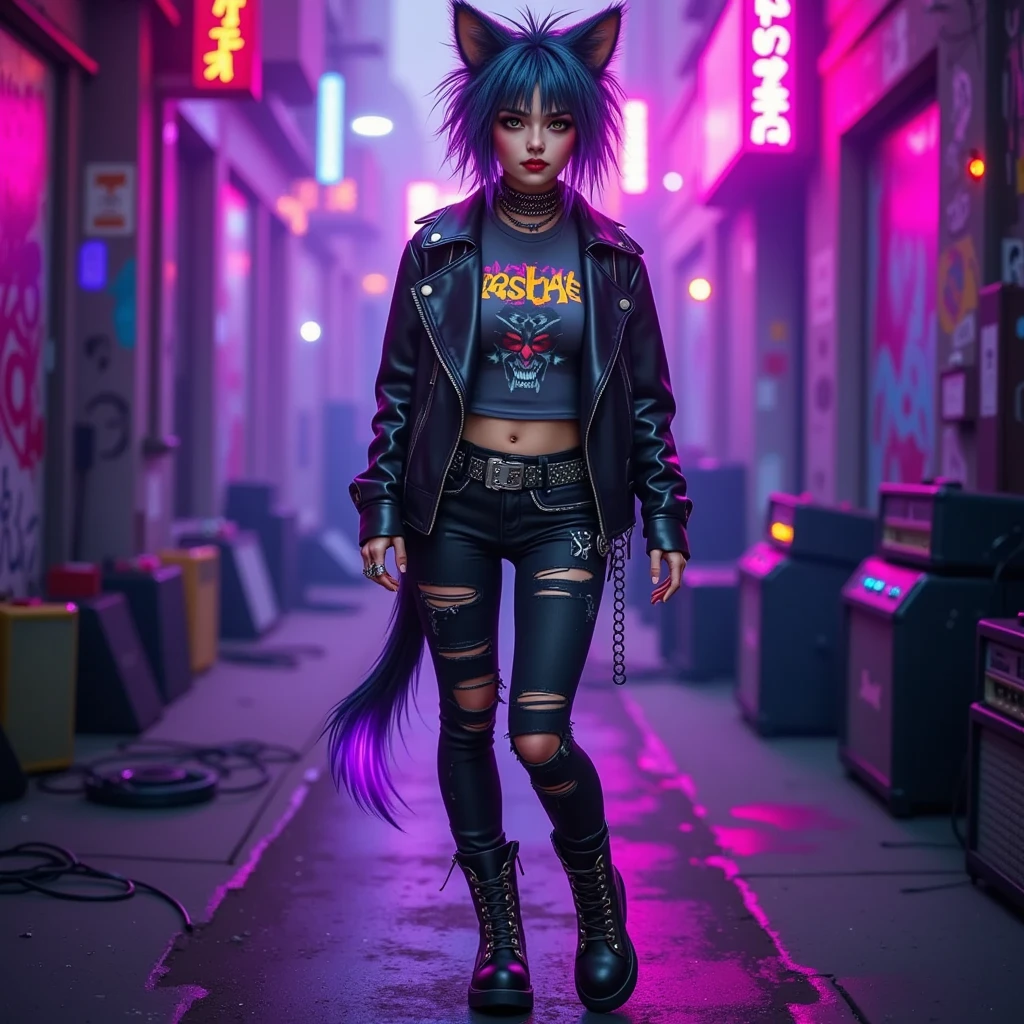 "Obkatiekat, a charismatic and rebellious feline anthropomorphic character, inspired by a punk-rock/heavy metal aesthetic. Character: female feline figure with short bluish-gray fur, large and expressive intense yellow eyes, pointed ears and a long and bushy tail. Expressive face with a cheeky smile or an intense expression, which conveys energy and a rock attitude. Slim but athletic physique, with agile and confident movements. Messy, black-purple hair (or mane) with colored streaks (e.g. purple, neon red), in a mohawk or punk tousled style. Clothing: complete punk-rock style outfit, aligned with the character, consisting of a black leather jacket with studs and band patches, ripped t-shirt with heavy metal graphics (e.g. skull or logo of an imaginary band), black skinny pants or worn jeans with chains and buckles, biker boots with metal details. Accessories: choker necklace with studs, leather bracelets, silver rings, wide belt with skull buckle. No provocatively exposed skin, clothing that covers and functions as a rock look. Pose and movement: Full figure in a dynamic pose, as if playing an electric guitar, jumping on a stage, or leaning rebelliously against a wall. Various options: standing with one leg bent, arms crossed defiantly, or in motion with the tail curving elegantly. Setting: Decadent urban background, such as an alley lit by purple and red neon lights, with graffiti on the walls, scattered amplifiers, and an underground concert atmosphere. Alternative: Rock stage with spotlights, light smoke, and electrical cables on the floor. Distinguishing elements: An aura of rock energy, with sparks or lighting effects surrounding the character. The tail can move gracefully or leave a purple-red light trail. Art style: Realistic with anime influences, ultra-defined details on fur, clothing, and textures (e.g. shiny skin, reflective metal, worn fabric). Lighting: Dramatic contrasting purple-red neon lights, with highlights on studs, chains and fur. Animations: Smooth hair and tail, dynamically moving sparks or smoke. Composition: Full-length shot, slightly low to emphasize the charisma of the character, with a blurred background to keep the focus on obkatiekat. Quality: 4K rendering, sharp details on the face, clothing and environment, without blurring, distortion or artifacts."