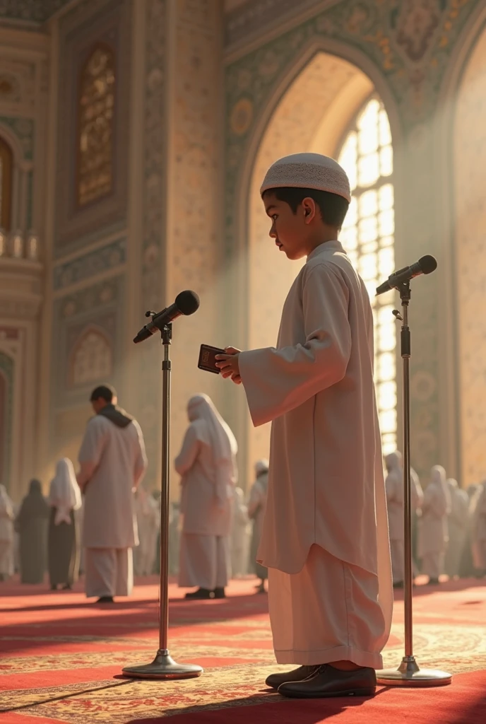 Here's an updated prompt:
"A lively school singing competition where a boy is passionately singing on stage, dressed in traditional Islamic attire with an imama (turban). He holds a microphone, fully absorbed in his performance. In the audience, other boys, also wearing Islamic dresses and imamas, are seated and listening attentively. The setting is simple, with a focus on the cultural significance of the event. The overall atmosphere is respectful and filled with youthful energy."