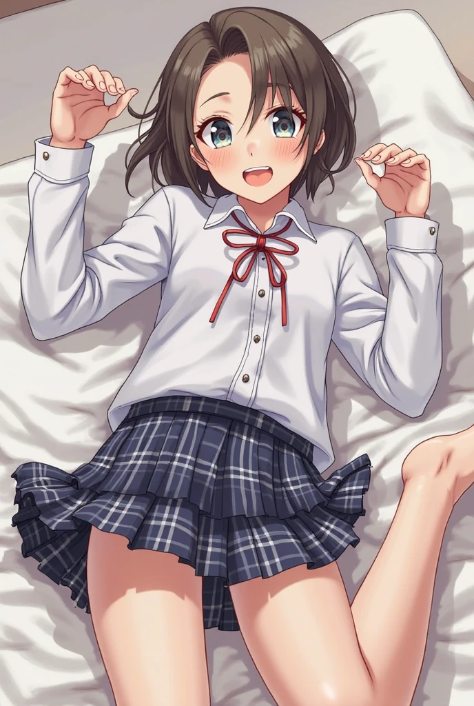 Close-up、(((blonde hair)))、(((vaginal sex))),((having sex)),((sexual position missionary))),wavy short hair、cute、summer:1.3、shirt:1.3、、skirt(((Highest image quality、High resolution、masterpiece、one woman)))、((((embarrassing:1.3、)))、(((cute)))、Super delicate and cute girl with black hair、soio、a high school student、16 years、8K Ultra High Definition、Delicate texture、short wavy Hair、flat chest、 ((Plaid mini skirt)))、(((Wear a cardigan over a collared shirt)))、(((navy colored high socks))),,))),,Plain clothe、Smiling,spreading her legs,exposed panties,nsfw,middle breast,living room,lying down  on the sofa,spreading legs open wide with knees bent,creating the shape of the letter M,(((detailed race white panties))),showing armpit,having sex,,penis insert,splash semen,