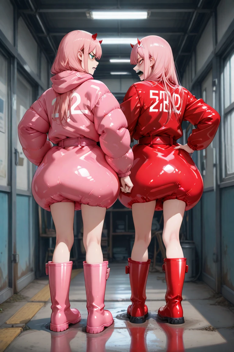 Woman next to girl, behaved, big and thick black clothes, pink hair, sfw, safe, adult woman young girl
