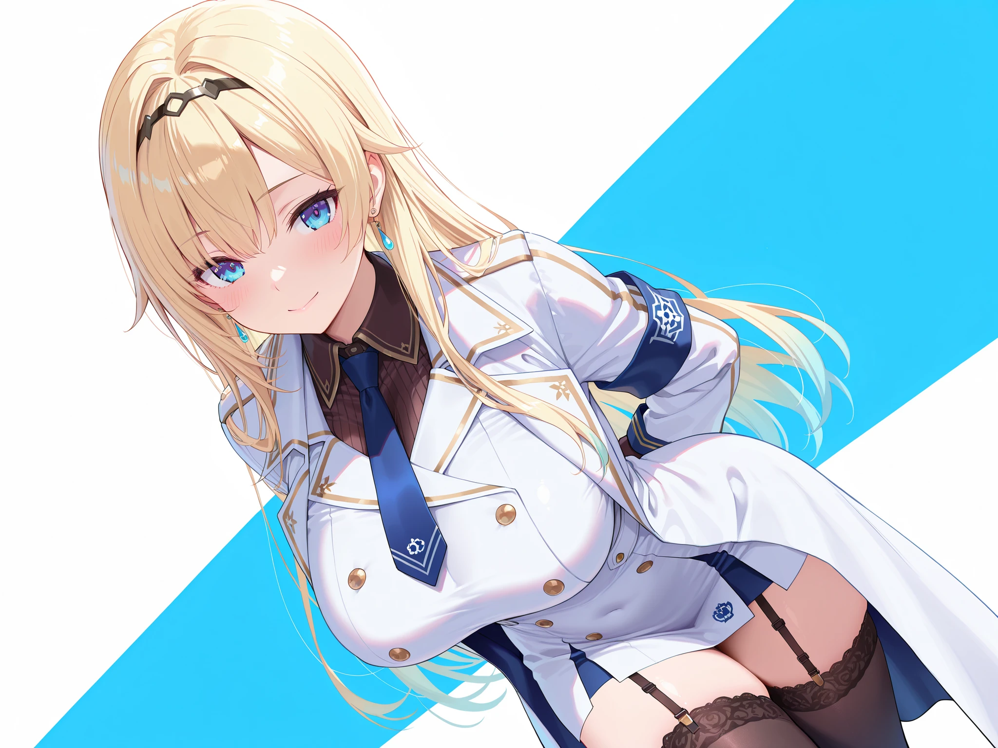 masterpiece,best quality, amazing quality, highres, absurdres, very aesthetic, high resolution, ultra detailed, perfect details,EmaMilitary, long hair, hairband, earrings, short dress, necktie, gloves, white coat, garter straps, thighhighs,,anime keyvisual,