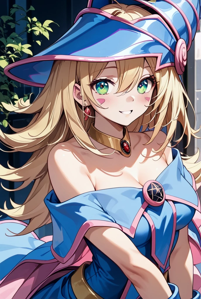 (masterpiece, best quality), 1girl, <lora:yugioh_darkmagiciangirl:0.8> darkmagiciangirl, blush stickers, wizard hat, dress, pink skirt, choker, vambraces, bare shoulders, cleavage