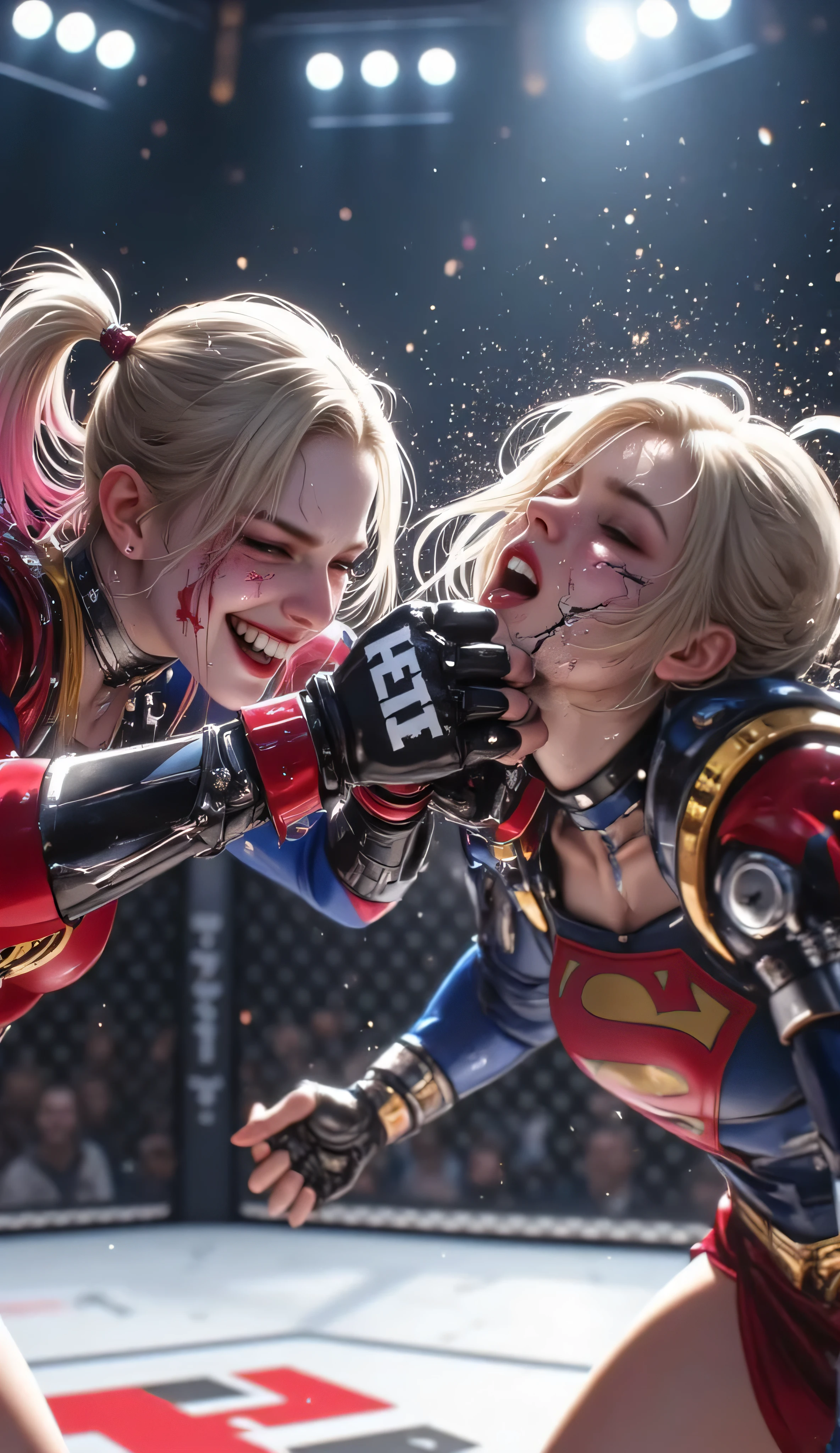(Extreme complexity, two unique subjects) Margot Robbie as Harley Quinn (insane pretty face, tiny themed outfit Harley Quinn makeup on body, blood spatter) is wielding a bloody ball bat. Harley is standing over a confused Saitama who is lying on the ground on his back (iconic yellow suit, blood spatter, red cape, bald head). Downtown Tokyo
