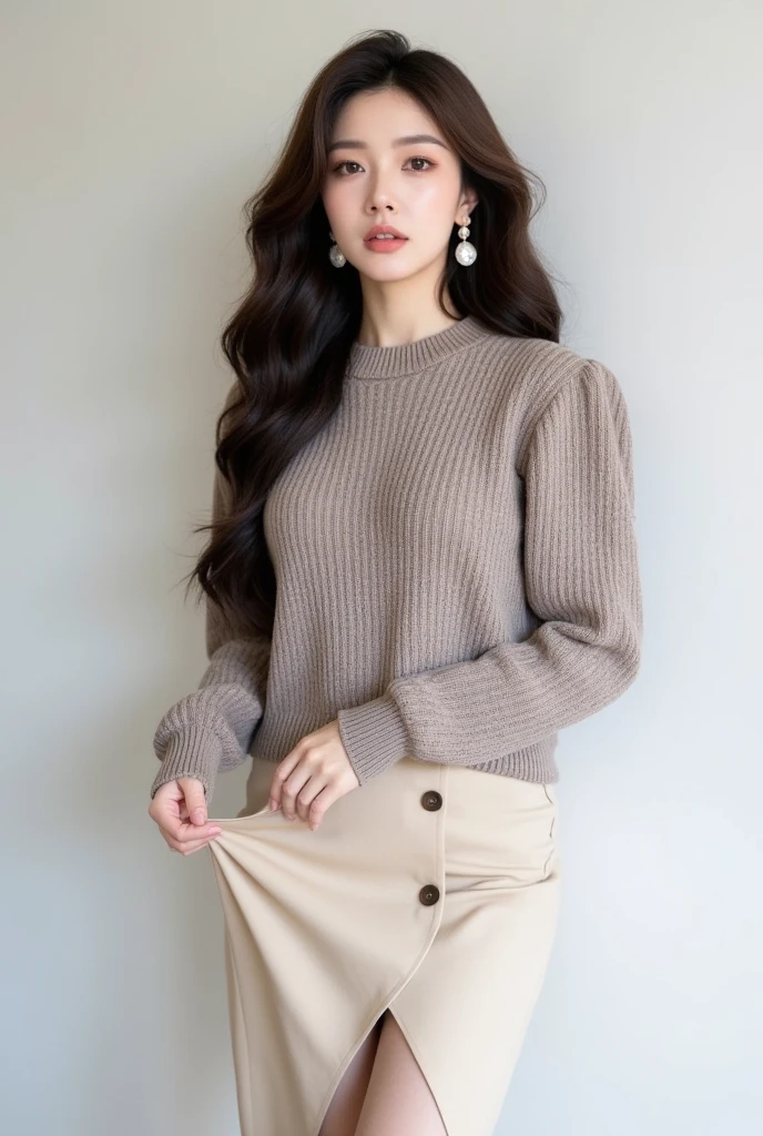 beautiful detailed young woman, 18 years old, black short sleeve sweater, visible legs, (best quality,4k,8k,highres,masterpiece:1.2),ultra-detailed,(realistic,photorealistic,photo-realistic:1.37),elegant,graceful,natural light,soft lighting,warm colors,detailed facial features,long eyelashes,full lips,glowing skin,portrait,fashion photography