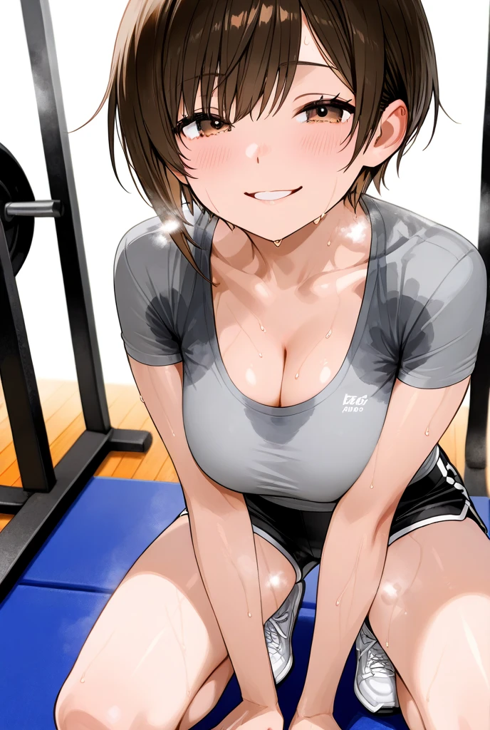 ((NSFW))、Ultra-high resolution、high resolution、Highest quality、Beautiful woman1people、beautiful girl、Short black hair、Thick hair、Slim and model-like、((Goldman Gym))、((training))、((Pink T-shirt))、((Squat))、(((Sweat)))、(((全身Sweatでびしょ濡れ)))、(((Sweat染み)))、(((Body odor)))、(((Love juice)))、(No underwear)、(((pussy)))、White sneakers、White socks