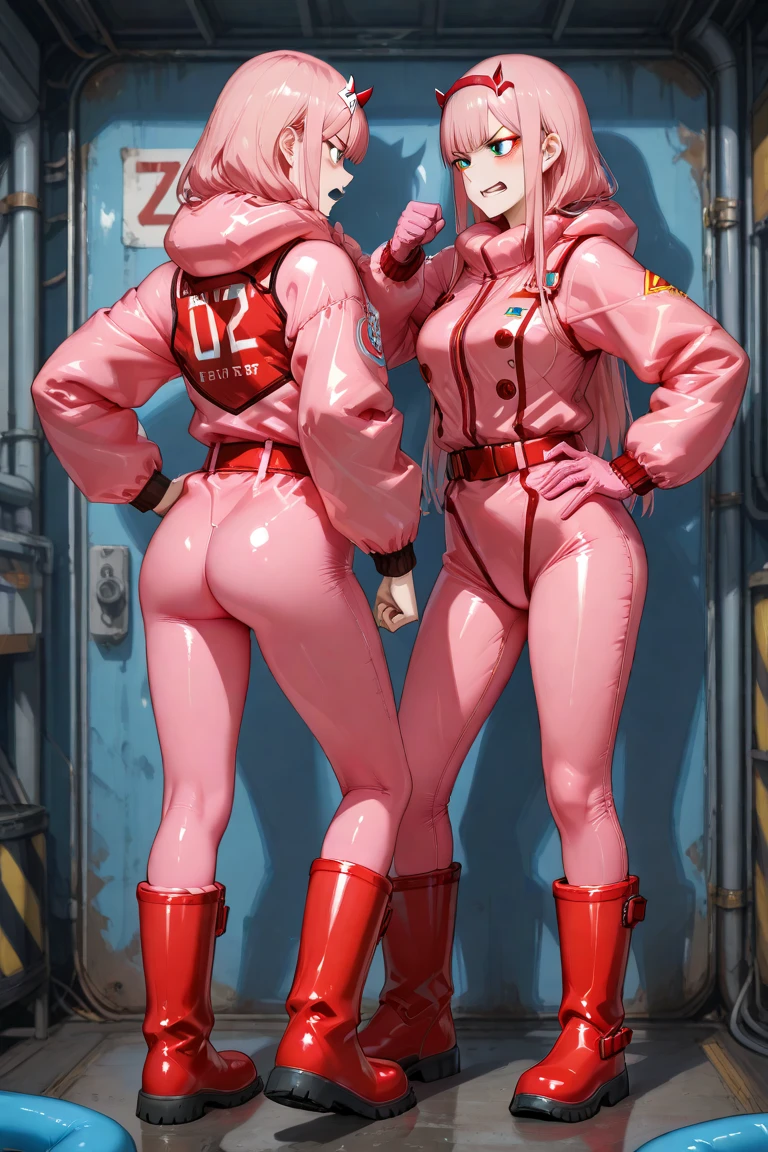 zero_two, (darling_in_the_franxx), 1girl, absurdres, high res, extremely detailed ultrasharp, 8K, masterpiece, looking at viewer, thighs, breasts, pink hair, pair of horns, long hair, makeup, pilot outfit, red bodysuit with white details, close up
