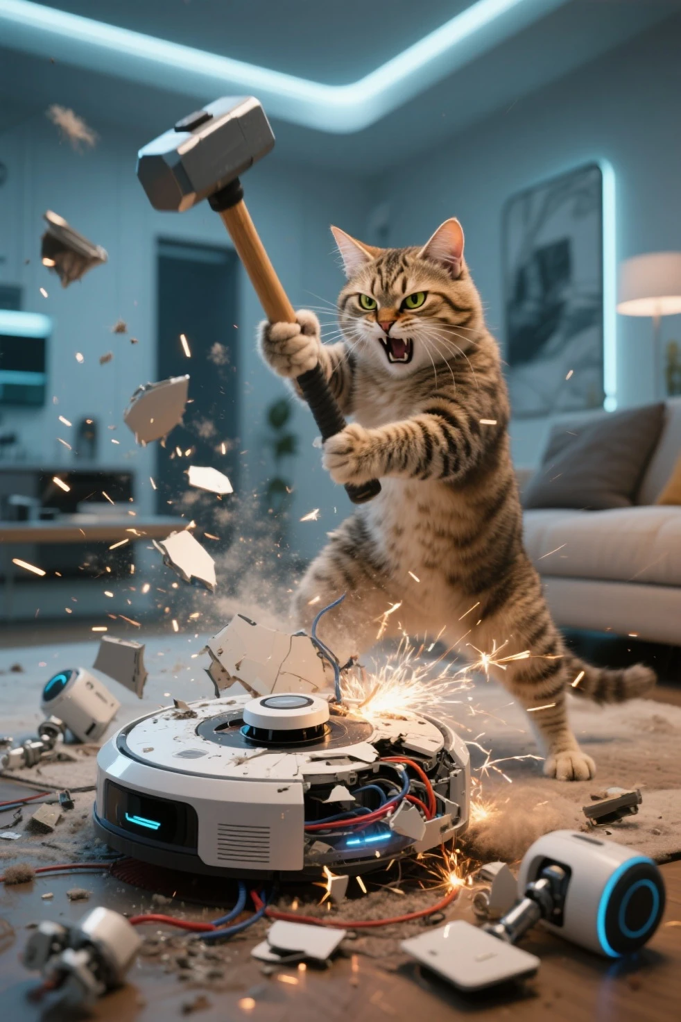 A furious cat standing upright like a human, wielding a heavy hammer in its paws, smashing an advanced smart robotic vacuum cleaner into pieces. The robot vacuum is heavily damaged, sparks and wires coming out, broken panels lying around. The cat has wild, angry eyes and its fur is puffed up in rage. The scene is set in a futuristic home interior, with some floating dust and scattered robot parts around. A humorous yet dramatic atmosphere, cinematic lighting, dynamic composition