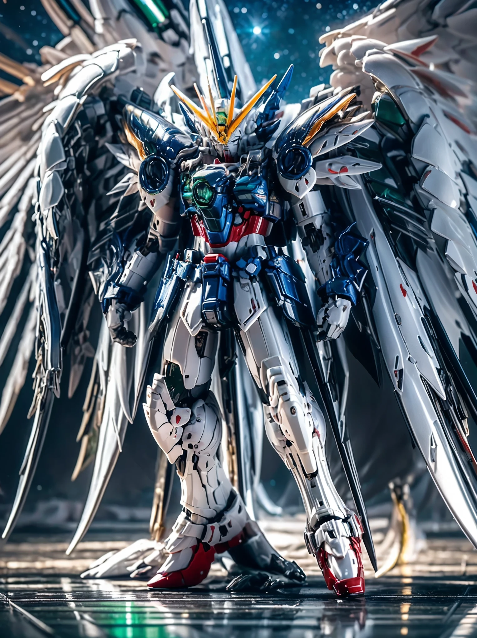 4-wing Gundam Zero,Humanoid Form、(solo:1.5 ), Large robot with wings and halo , mecha wings , with metallic texture, digital , 3Dイラストレーション 4Kの高精細な digital アート, Anime giant mecharobot, Best Anime 4K Konachan Wallpaper , exquisite cosmic angel robot, Detailed Official Artwork, Anime Mecha Aesthetics , Badass anime spreading its wings and soaring ,((very detailed CG integration 8k wallpaper)), standing with feet apart, Bend one knee slightly, ,dynamic action poses, Powerful Stance , 機体をSuper Detailに ,ellow head antennas、twin eyes shining green、green chest crystals、Massive legs,starry sky , Beautiful Detailed Background , cosmic background ,night sky)) Dramatic Lighting with Bright Highlights from behind, high contrast, Heroic and Epic Ambience, low angle shot, Wide Angle Lens, Deep depth of field, focusing on the subject, no motion blur, digital またはモデル写真.score_9, score_8_Excellent, score_7_Excellent, 32K ,(( Highest Quality)),( Ultra High Definition),( Super Detail)