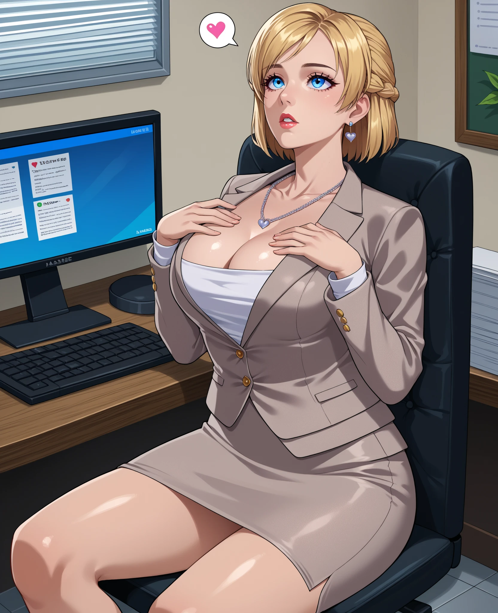1 woman (mature, milf, huge breasts, large breasts, curvy, voluptuous, clompletely nude, nude, pussy, nipples, blonde hair, blue eyes, red lips, earring, necklace, grinning, standing), 1 man (old man, male office suit, standing behind a woman), age diference, office, indoors