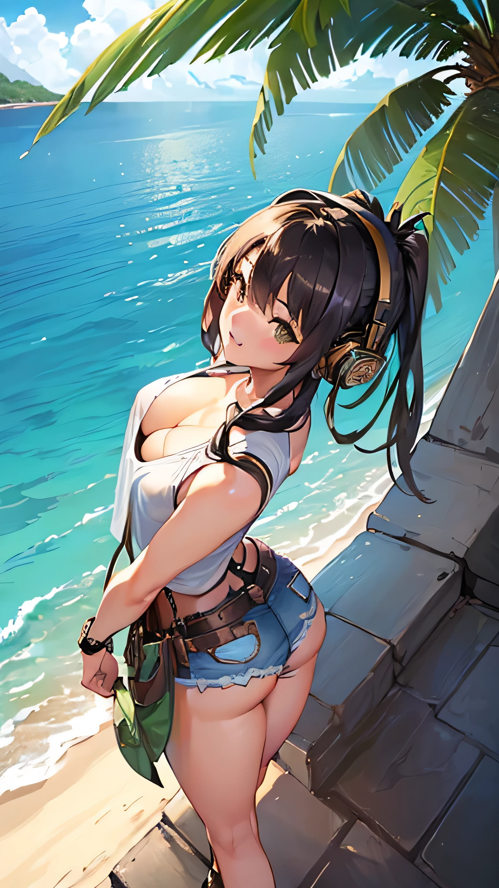 A nudist black woman is captured in a moment of peace, reclining on a beach towel amidst the harsh lines of a city skyline. with headphones on, and an eye-catching 'MUSIC' tattoo on her arm, bridging the gap between the laid-back beach vibe and the city's gritty essence, seductive pose and position