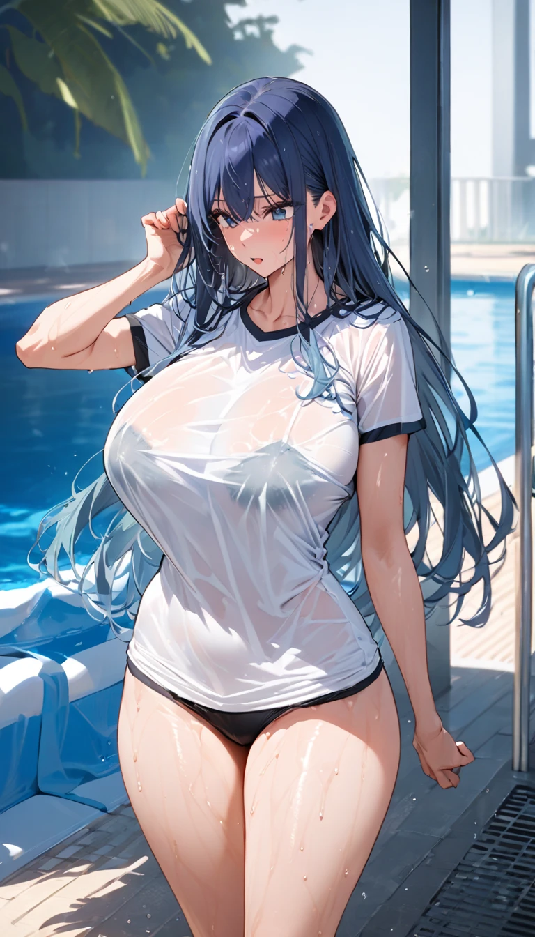 rio, blue archive, black hair, very long hair, red eyes, large breast, tank top, stomach, navel, running dolphin shorts,