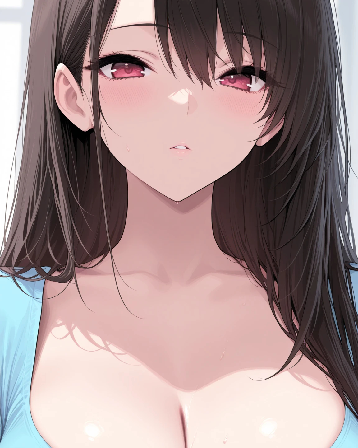 Cute mommy, mature women, violet bra, busty breast,realistic skin,perfect ,black hair, long hair, (hair over one eye:1.4), messy hair, hair between eyes,nude,dense pubic hair, extreme pubic hair, Sexy lips, pucker lips,cute shy blush on, chubby cheek
