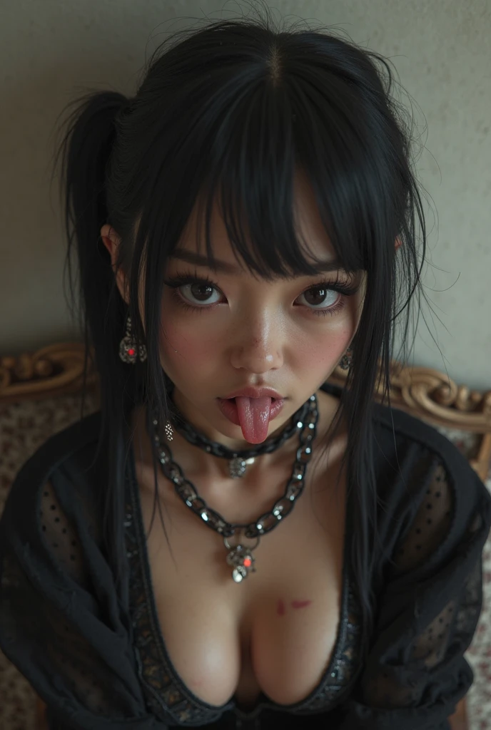 Emery Ratajkowski,Roll your eyes, stick out your tongue, long tongue, dribbling, Ahegao, retina, textured skin, Anatomically correct, Highly detailed, High quality, ((dark eyes,black eyes)),Very beautiful face and eyes, Big eyes, 1 female、Actual skin type,The pores are visible.,Maid cafe, completely naked, ((sperm))