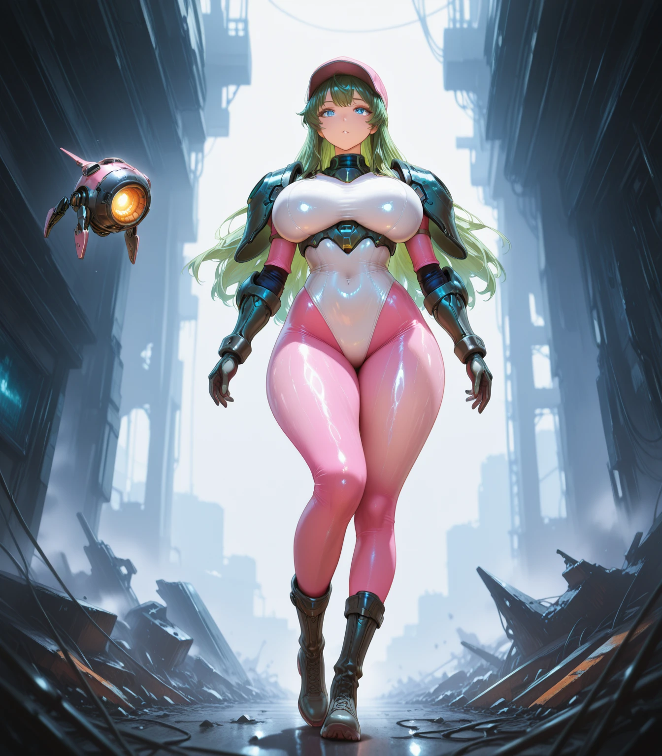 Beautiful nude woman with massive breasts. The breasts are not covered by anything. Red full lips. (masterpiece, best quality:1.3) YunaFF10, 1girl, solo, heterochromia, green neon hair, standing on alien planet in the misery jungle, smiling, sunlight
