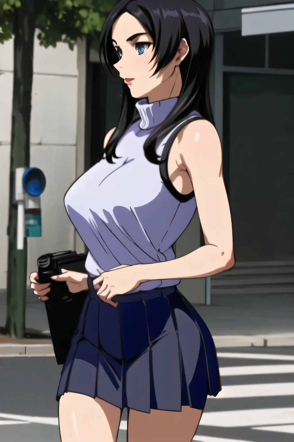 Can you draw a dark blue pleated miniskirt,please draw her expression more delicately,walking alone, city tour ,,(((she is wearing casual tourist wear))), I have a SLR camera ,(Let's draw a more delicate look),(sleeveless wool sweater),( pleated legs,white panties),(That work is enough for one person {X} is very important for work)、 it's a great enough piece on its own,Don't fix your face。unless you need it for work。 {X}、 , attractive 40 year old adult woman jumping out of her uniform, Big black wavy hair, , Big Breasts, Thin Waist , , ,