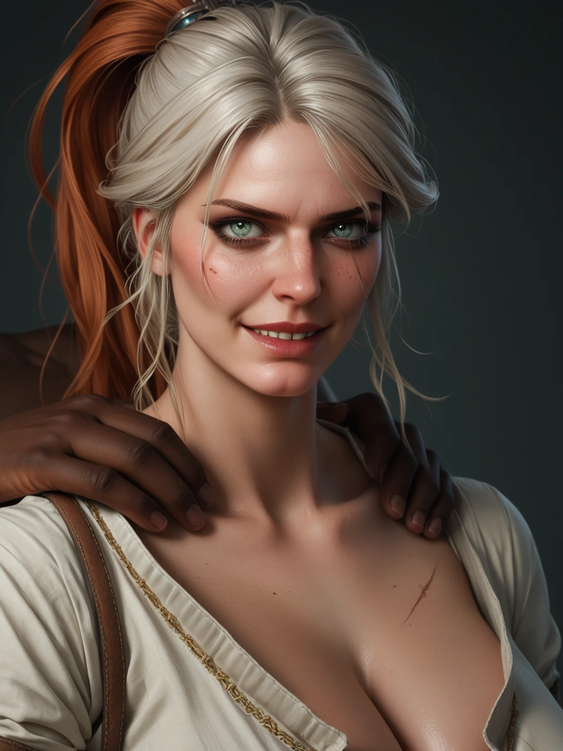 Ciri from the Witcher, ((flowing platinum blonde hairstyle)), ((light blue eyes)), ((healed long diagonal scar on left cheek)), face close up, facing camera, face portrait, morning light, ((castle interior)), wide joyous smile
