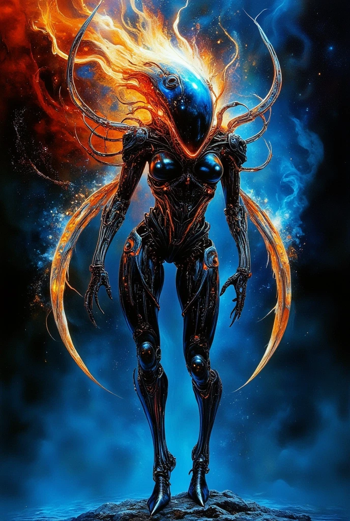 <lora:ElementFire:1.0>ElementFire Orange Futuristic digital art of whispering machines in a glass city, metallic textures, reflective surfaces, vibrant neon lights, sleek and modern design, dynamic angles, dramatic contrast, sharp focus, shallow depth of field, vibrant colors, intricate details, clean and polished, high-resolution, vibrant, detailed, illustration, concept art, artstation, wallpaper, wide angle, splash art, promotional art, dramatic lighting,Cinematic still, Southern European, mid-twenty, woman, Medium hair, Feathered hair, Pompadour hair, Blonde hair, Hair ribbond, Double Eyelid eyes shape, Black eyes, eyes mask, Upper Lip Mole lip, Plum lips, Round face, Monochromatic makeup, Calm, Chubby body, Vogue pose, Eating, Business Casual dress, Side light, Caustics, Morning, Dark clouds, gradient blue to white background, Forest background, Olympus OM-D E-M1 Mark III, Crane shot, Silhouette shot, (Masterpiece:1.3) (best quality:1.2) (high quality:1.1)