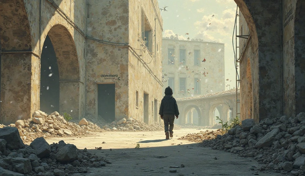 In the heart of urban decay, a curious and energetic boy explores the crumbling ruins of his city. Dressed in worn-out clothes, his eyes sparkle with a sense of adventure as he navigates through the maze of dilapidated buildings. The air is thick with the smell of decay, but the boy remains undeterred, taking in every detail of his surroundings with a sense of wonder and imagination.

Amidst the ruins, signs of life begin to emerge. A vibrant graffiti painting adorns one wall, and the sound of laughter can be heard in the distance. The boy follows the sound, curious to discover what lies beyond the desolation. As he turns a