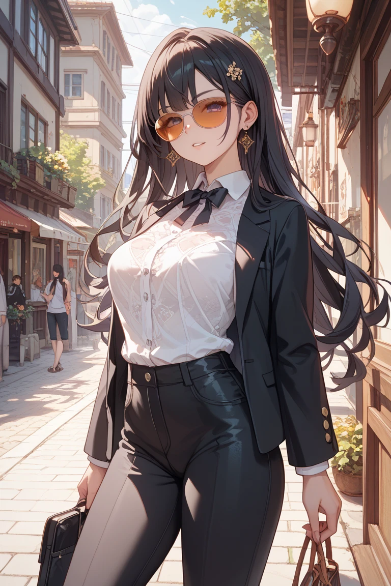 Shibuya rin, 1 girl, brunette, long hair, green eyes, dark shiny skin, White shirt, black tie, high detail, Luxurious view, bare legs, USA, brown hair