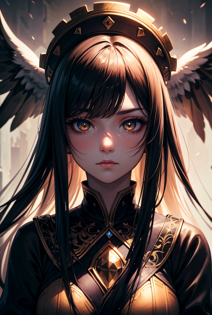 a young woman of 18 years old, wearing military uniform, long black hair, red eyes, demonic horns, demonic wings, dilapidated church, many black feathers floating, gothic, fantasy, cinematic lighting, dark, (best quality,4k,8k,highres,masterpiece:1.2),ultra-detailed,(realistic,photorealistic,photo-realistic:1.37),extremely detailed eyes and face,longeyelashes,professional,vivid colors, Draw the whole picture, looking down from above