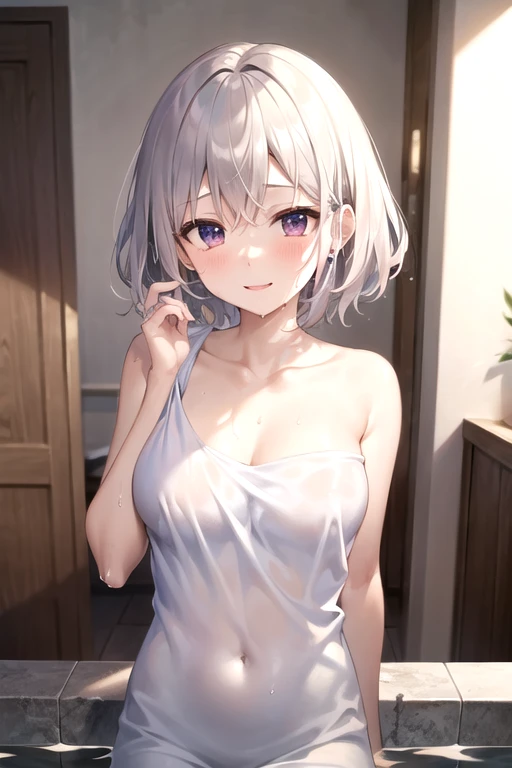 small hoobs,(pubic hair:1.3),smile,Silver Hair,Short Hair,Nude,from front,Break She's taking a bath。