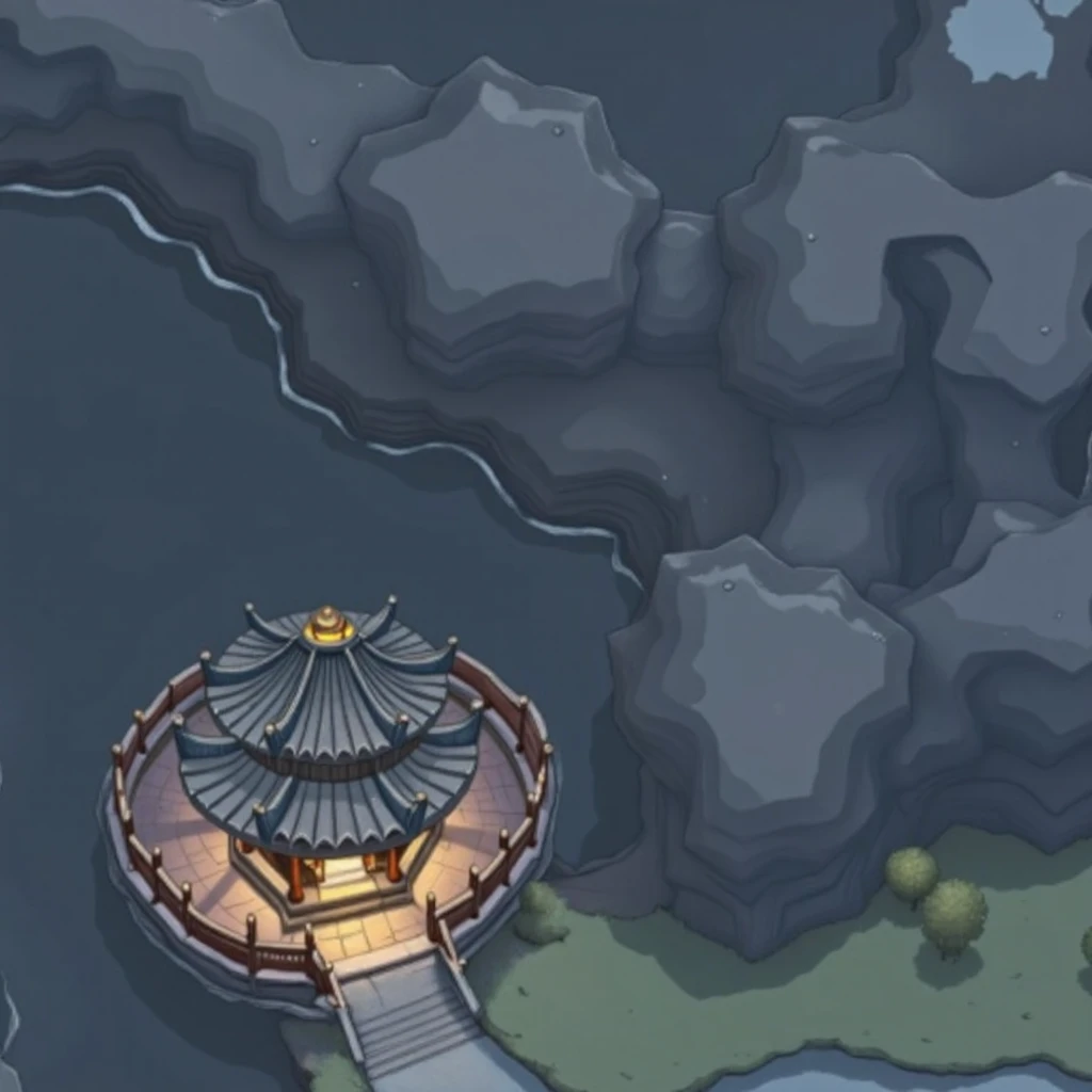 Please , creates a Guofeng Xianxia map with the following characteristics: 创建一个略带Ink Style格的国风仙侠俯视图，Mountain top view，Mountains，grassland，the way，Funny plants，（Isometric perspective），Top view， drone perspective，Ink Style, is very nice ， masterpiece, best quality, realistic photo, Professional, perfect composition,National style element ，is very nice , funny roof， High accuracy is important: （Simple），uncomplicated，Don't use the name , tag or text on the map . I just want a geographical layout reflecting the description .