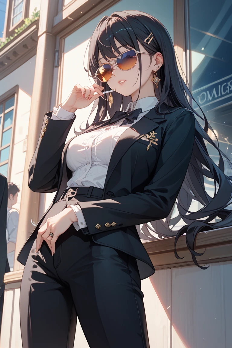 best quality, masterpiece, highres, solo, {black business suit:1.40}, {tie:1.20}, {sunglasses:1.25}, {white gloves:1.15}, {white shirt:1.10}, {black skirt:1.15}, {smoking:1.20}, handsome, {taiho_azurlane:1.15}, black_hair, long_hair, red_eyes, bangs, breasts, hair_between_eyes, large_breasts, ahoge, cleavage, very_long_hair, blush, hair_ornament, smile, collarbone
