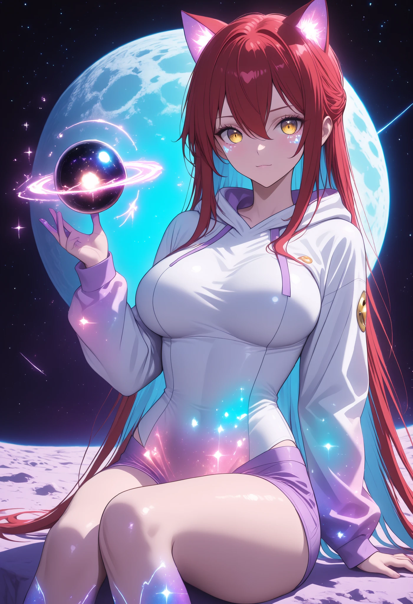 score_9, score_8_up, score_7_up,high resolution, source_anime, absurd_res, looking at viewer, ((adult)), 1 girl , golden eyes , very long hair , long sidelocks, red hair ,half updo, petite , very cute , beautiful ,Straight hair, cool, handsome, hair between eyes, sexy, ((medium large breasts)), curvy but petite, lovely, cat ears, oversized white hoodie, shorts, sitting, sitting on the moon, sitting while hugging a galaxy sphere, dream galaxy, galaxy (theme), surreal, dreamcore, purple lineart, galaxy elements, kawaii style, aesthetic, soft colors, pastel colors, colored lineart, ((blue tones: 1.2)), ((purple tones: 1.2)), glitter effect, fantasy style
