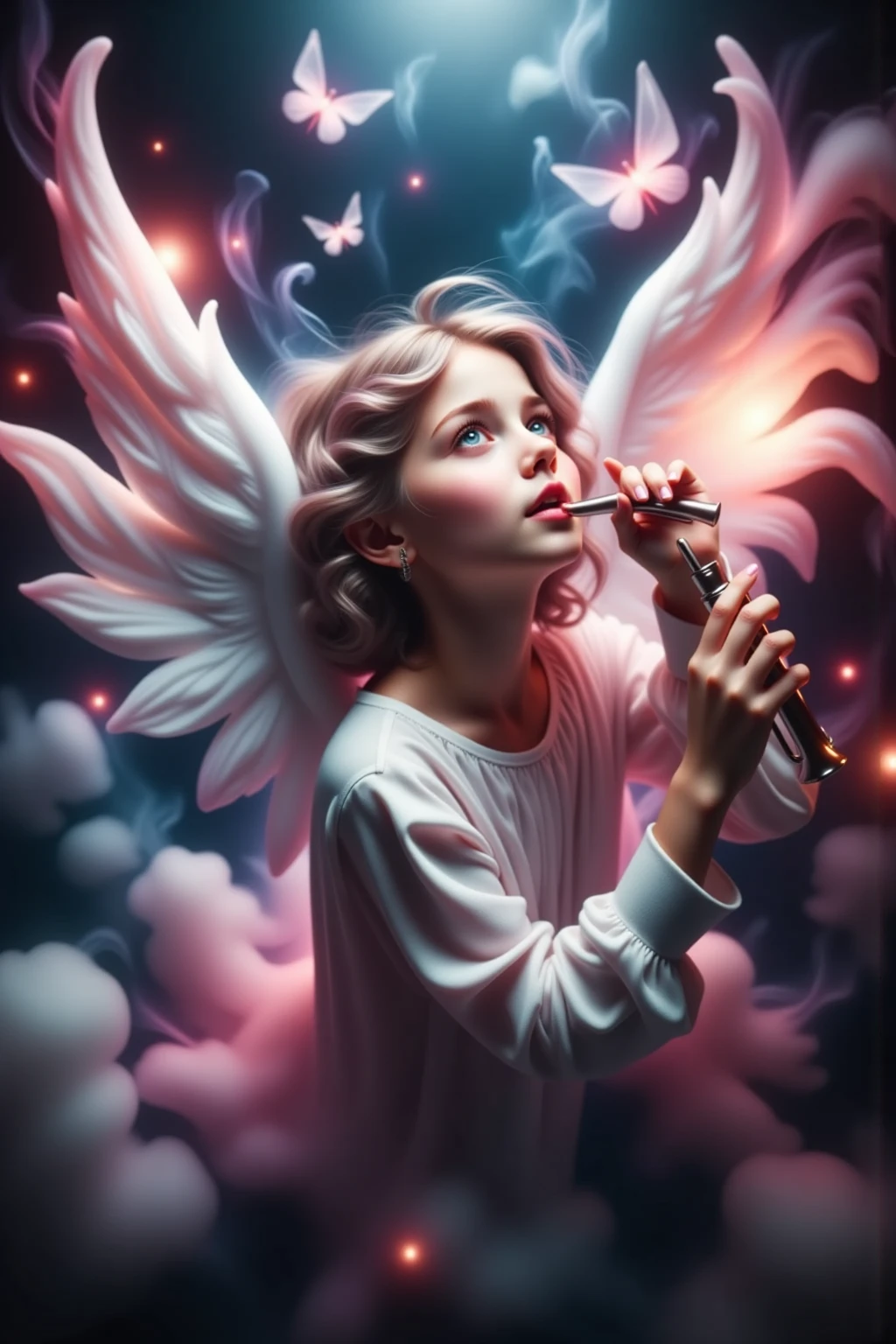 arafed girl in a black dress with purple feathers and a toothbrush, girl with angel wings, of an beautiful angel girl, angel girl, winged girl angel, wearing angel, beautiful angel girl portrait, an angel, beautiful angel, biblically acurate angel, girl with feathers, big angel wings wide open, wearing angel halo, possibly an angel, biblically accurate angel