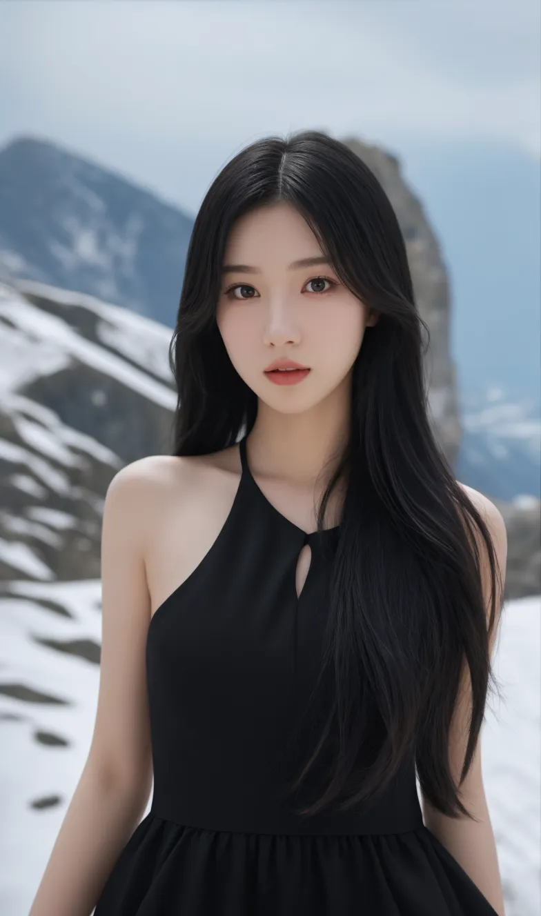 Asian、model、Black Hair、Long Hair、Big Breasts、Topless、camisole、snow、noon