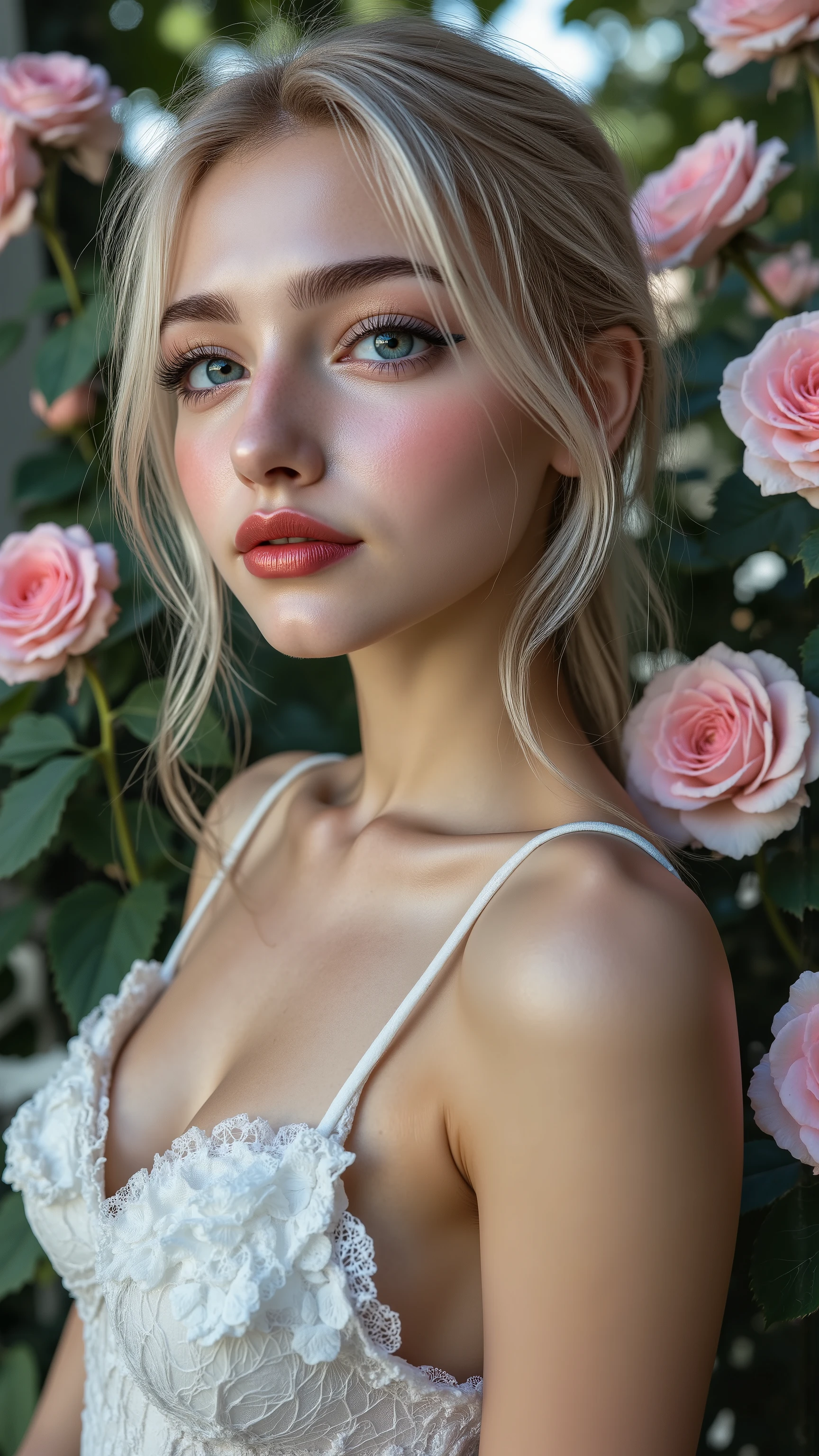 realistic ((photorealism)), ハイパーhigh res, (( super crazy quality , epice masterciece , exquisitely detailed digital art)),((focus on extremely realistic Proportion Body:1.3),"Portrait of {Blue Eyed Woman, wear a dress, Standing in the garden}."(ultra realistic textured detail: velvety skin, hair), ((sharp concentration in nude clothes, no blurry eyes, extremely absurd quality, HYPER DETAIL,超realisticな目:1.4)),((Extra-fine eyebrows )),(carefully draw a long blue color_mascara:1.33),(Tender eyes), (Detailed eyes , ( ultra-fine detailed eyes )), detailed lips:1.3, (Shiny red_lipstick:1.3), (完璧な比率:1.2), (white tight dress made of lace fishnet), (sweet & Gabbana, Floral Style:1.26), (Elegant Fashion, intricate details:1.23), Floral Couture, (Clothing made of silk and flowers), ( wearing a fitted dress )), (Black Latex:1.25), Latex Bodysuit with Lace), ( Multi-layer Construction with Exquisite Details (black gothic punk skirt with frills), Race and Fishnet:1.3), ( White Lace Up :1.3), dslr, HIGH QUALITY SPLIT LIGHT , sharp concentration in nude clothes captured by Fujifilm XT3, f 5.6,(perfect composition),((viewers)), high res, 超high res, Studio Lights, Physically Based Rendering, bright colors,