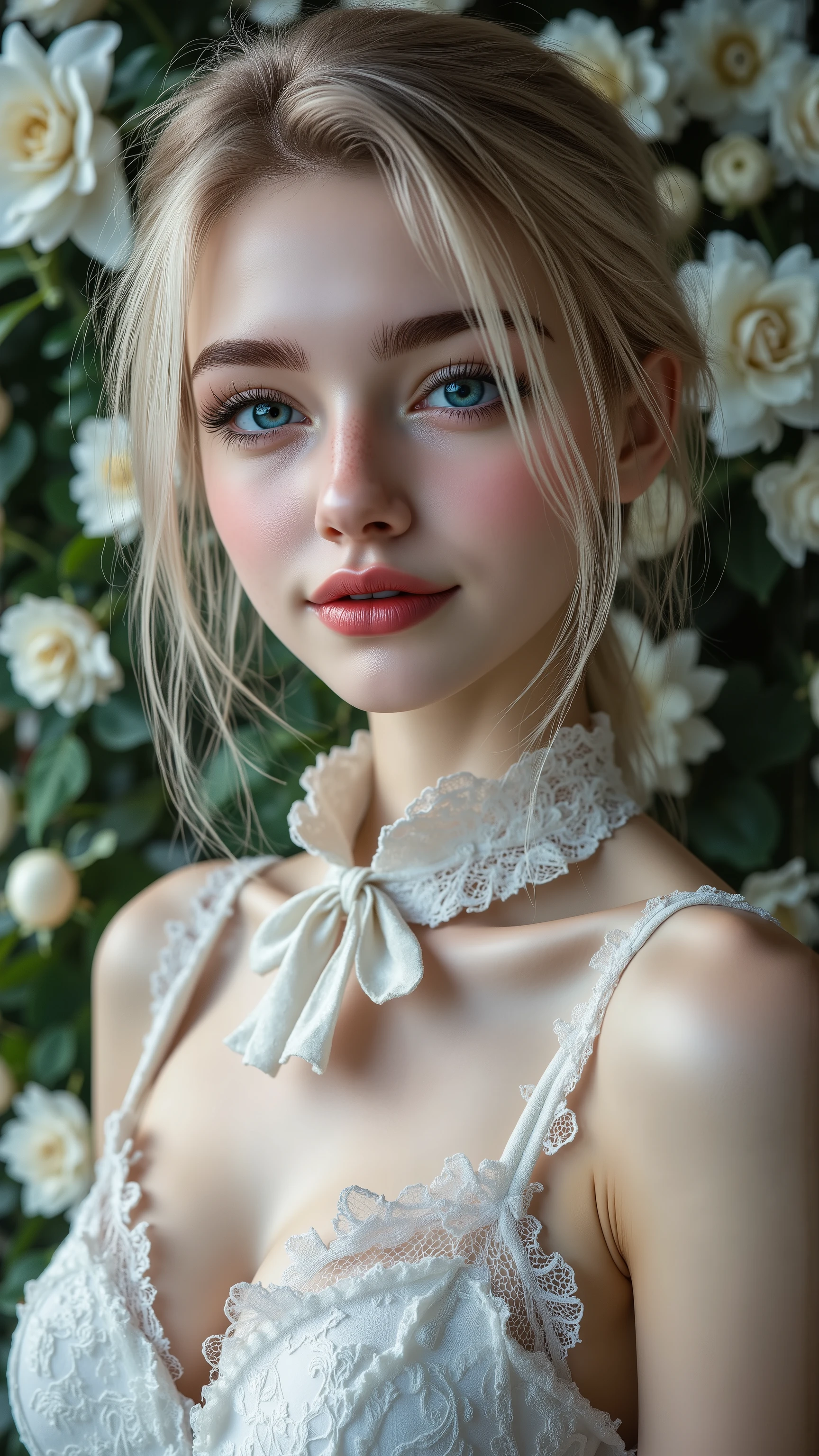 realistic ((photorealism)), ハイパーhigh res, (( super crazy quality , epice masterciece , exquisitely detailed digital art)),((focus on extremely realistic Proportion Body:1.3),"Portrait of {Blue Eyed Woman, wear a dress, Standing in the garden}."(ultra realistic textured detail: velvety skin, hair), ((sharp concentration in nude clothes, no blurry eyes, extremely absurd quality, HYPER DETAIL,超realisticな目:1.4)),((Extra-fine eyebrows )),(carefully draw a long blue color_mascara:1.33),(Tender eyes), (Detailed eyes , ( ultra-fine detailed eyes )), detailed lips:1.3, (Shiny red_lipstick:1.3), (完璧な比率:1.2), (white tight dress made of lace fishnet), (sweet & Gabbana, Floral Style:1.26), (Elegant Fashion, intricate details:1.23), Floral Couture, (Clothing made of silk and flowers), ( wearing a fitted dress )), (Black Latex:1.25), Latex Bodysuit with Lace), ( Multi-layer Construction with Exquisite Details (black gothic punk skirt with frills), Race and Fishnet:1.3), ( White Lace Up :1.3), dslr, HIGH QUALITY SPLIT LIGHT , sharp concentration in nude clothes captured by Fujifilm XT3, f 5.6,(perfect composition),((viewers)), high res, 超high res, Studio Lights, Physically Based Rendering, bright colors,