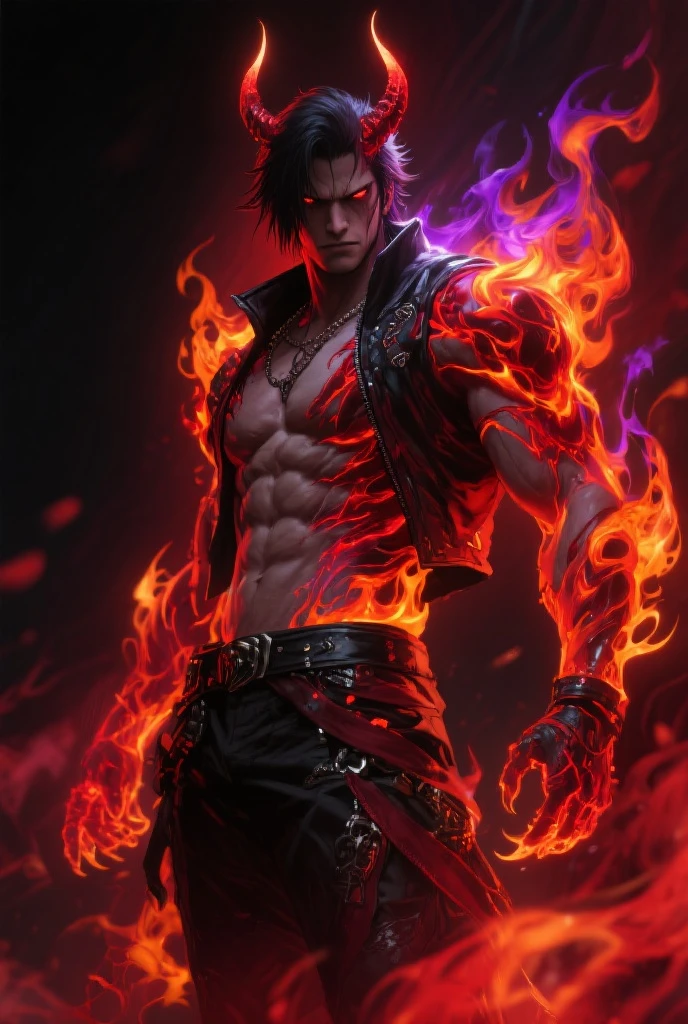Character with tattoos with his sword in his hands on fire with a black hole in the background
