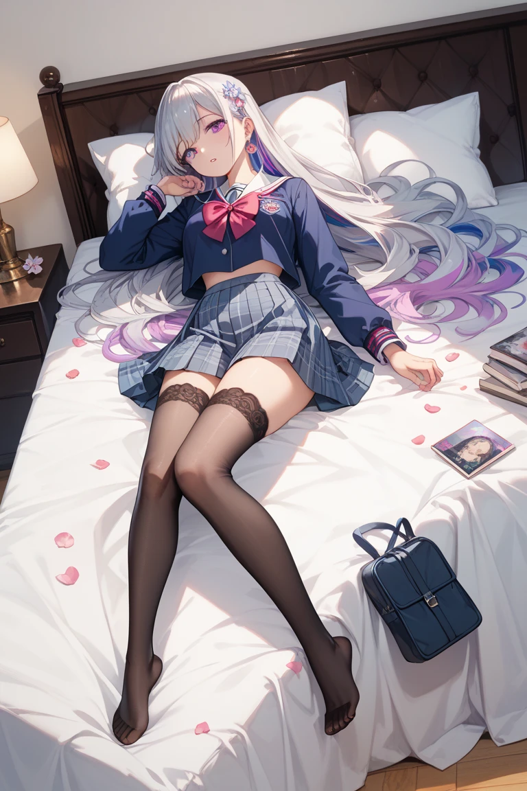 best, masterpiece, high resolution, (full body view from head to toe), composition from the front and slightly below, symmetrical composition, composition with precise balance throughout the body, 18 years old, slim and beautiful girl, alone , (medium breasts turning to large), (With big thighs and big ass), (((no shoes))),messy hair, bangs, (black stockings), (black pantyhose), (lying on bed), ( Stretched legs posture), (mouth open with pained expression), blush, big, shy eyes, looking at camera, blazer uniform, plaid pleated skirt, bedroom, interior, Fuka Kikuchi