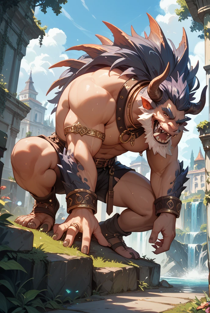ultra-detailed, masterpiece, masterwork, high quality, best quality, hdr, posted on e621, (by darkgem), (nature), nsfw, (male), solo, (white little body dragon), hairy dragon, (long silver hair, yellow eyes, white body, Scar in one eye), standing, under view, dynamic angle, (nude, bulge white loincloth)