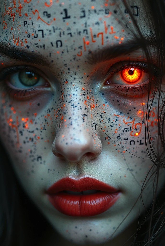 Extreme Close-up of a female face, Her face is white painted covered in intricate,stylized, glowing red elfish lord of the rings fantasy script. Her eye is a striking orange, and her lips are a vibrant, glossy red.Her expression is intense and somewhat enigmatic, conveying a mixture of mystery and perhaps a hint of sadness. The composition focuses intensely on facial details, with the foreground emphasizing the face and the script. The lighting is dramatic, highlighting the script and facial features, casting subtle shadows. The colors are primarily muted greys, blacks, and deep reds, creating a dark, brooding atmosphere.The style is artistic and evocative of fantasy novel art. The image's perspective is extremely close-up, emphasizing textures and details.