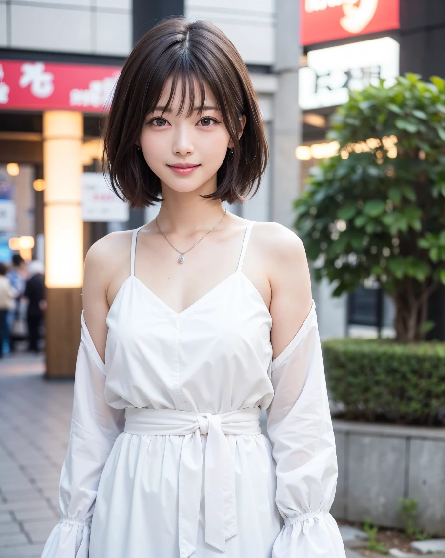 Fine details,, high resolution, high quality, perfect dynamic composition, beautiful eyes, short hair, (bangs), natural color lips, on the street, 20 years old, cool smile, clear skin, shining hair, (wind blowing), masterpiece, top quality, finely detailed, high resolution, 8k, human body correct state, simple white dress, (long skirt), neat woman, random pose, hair dancing in the wind