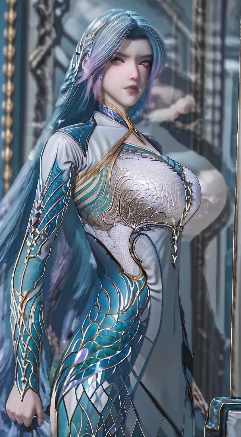 ((Highest quality、unity 8k wallpaper、32k、masterpiece、Very detailed、Ultra-high resolution、Ultra-high resolution、 Very detailedな顔, RAW Photos, Professional, Ultra-fine painting, Anatomically accurate lizard man)) Kotegawa Yui morphing into lizard, Completely naked, kotegawayui, black long hair, yellow eyes, A magnificent long lizard tail, (Extending from the spine、Tail extending from the tailbone, Tyrannosaurus foot with sharp claws), Fine blue scales that grow like thigh-length socks, Fine blue scales that grow like long gloves , Long nails), Nipples are fully visible, ((There are fine scales on the sides, Fine blue scales around the waist, Scales on the back, Scales from flank to thigh)), The boundary between the scales and the skin is unclear, full body, standing