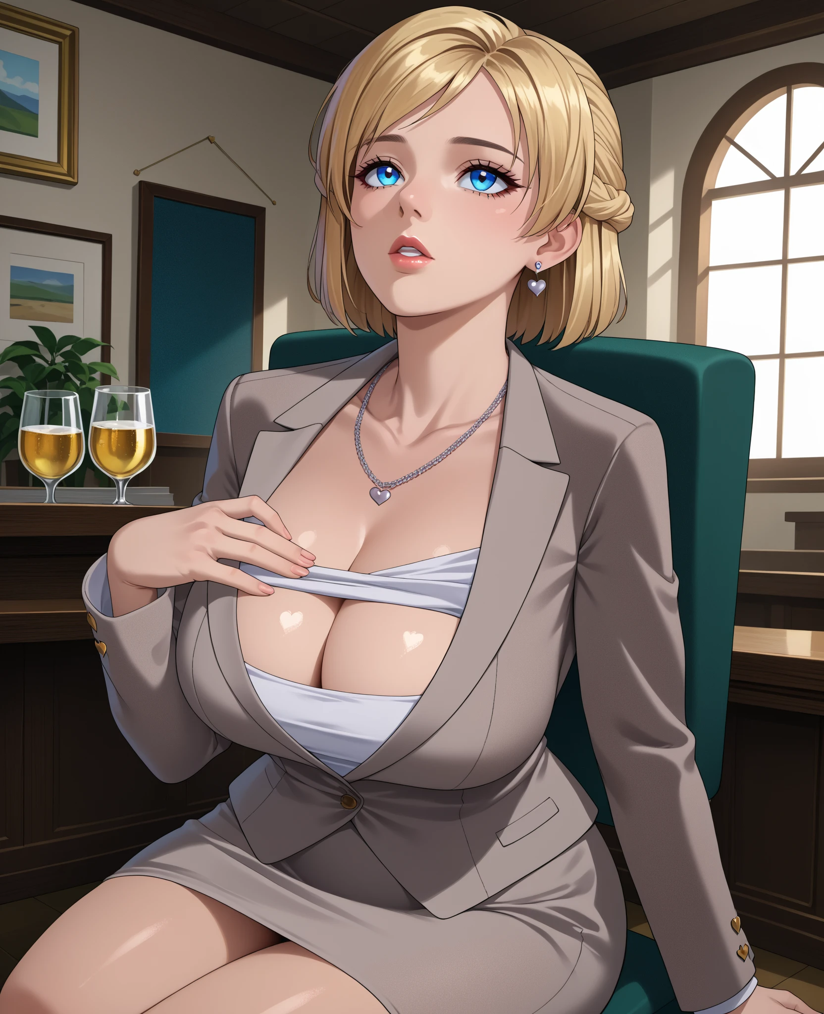 masterpiece:1.2, best quality:1.2, beautiful, high quality, highres:1.1, aesthetic), detailed, extremely detailed, ambient soft lighting, 4K, perfect lighting, perfect face, perfect eyes, chubby girl, 1boy, 1girl, breasts, hetero, huge breasts, red lip, looking at viewer, nipples, paizuri, penis, pov, puckered lips, blonde hair, shirt, short hair, solo focus, uncensored, white background, blazers , maxine, paizuri_keyword, mature woman