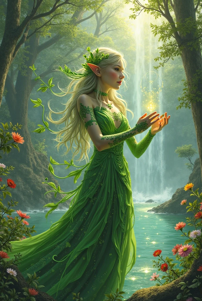 Elf summoner woman with long white hair wearing a stylish leaf dress that can be worn in battle