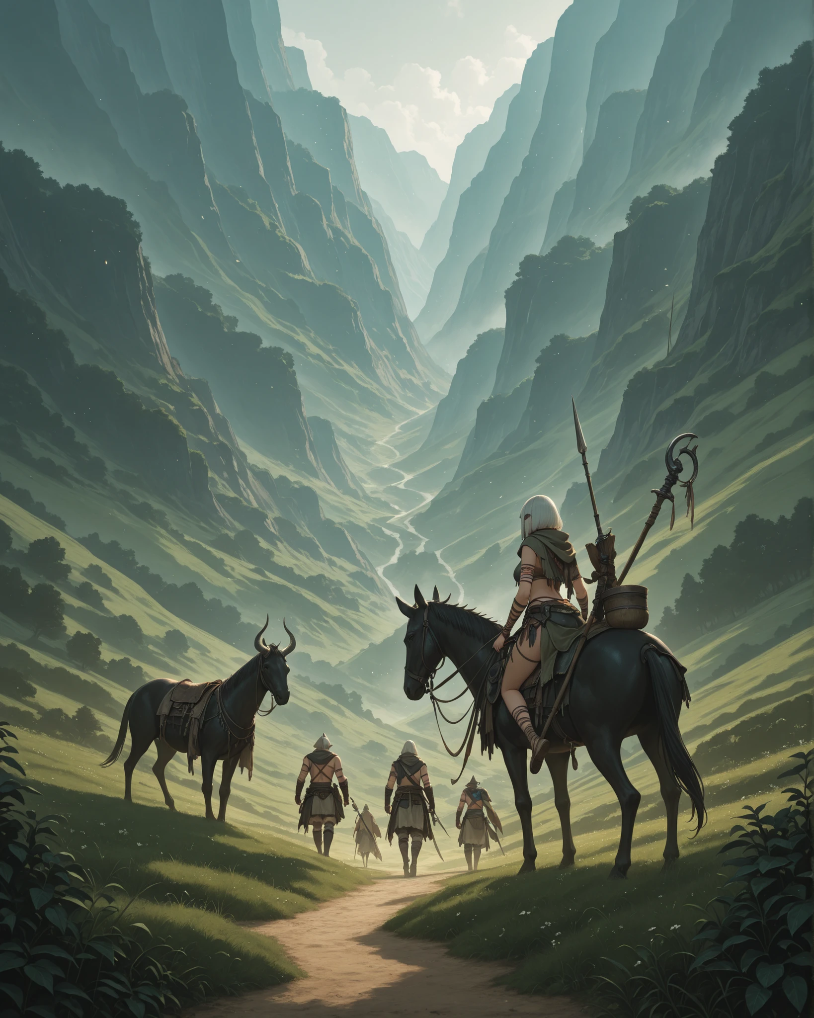 Alam, Open field, high fantasy , dark fantasy, Some Primitive Tribal Dwellings