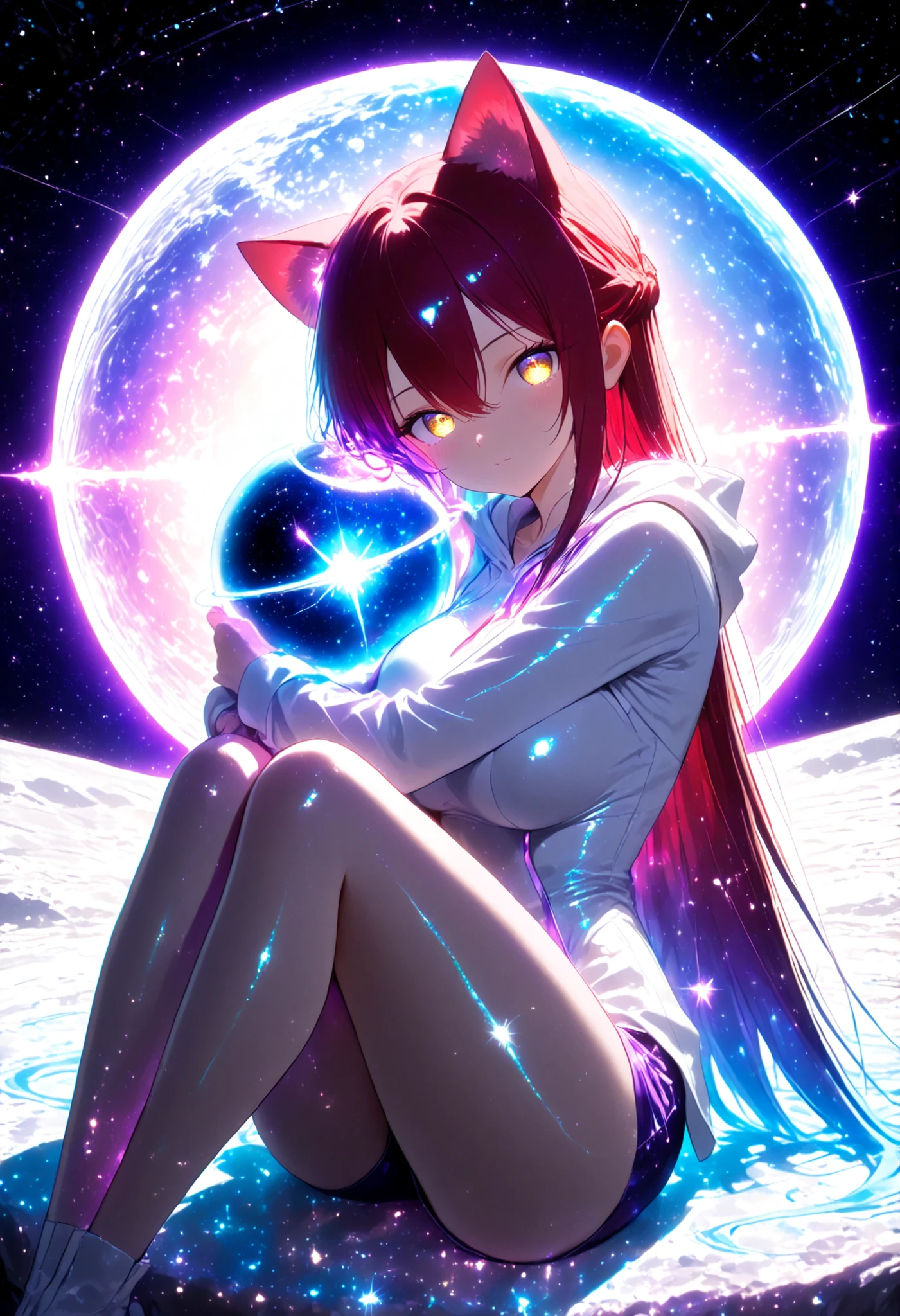 score_9, score_8_up, score_7_up,high resolution, source_anime, absurd_res, looking at viewer, ((adult)), 1 girl , golden eyes , very long hair , long sidelocks, red hair ,half updo, petite , very cute , beautiful ,Straight hair, cool, handsome, hair between eyes, sexy, ((medium large breasts)), curvy but petite, lovely, cat ears, oversized white hoodie, shorts, sitting, sitting on the moon, sitting while hugging a galaxy sphere, dream galaxy, galaxy (theme), surreal, dreamcore, purple lineart, galaxy elements, kawaii style, aesthetic, soft colors, pastel colors, colored lineart, ((blue tones: 1.2)), ((purple tones: 1.2)), glitter effect, fantasy style