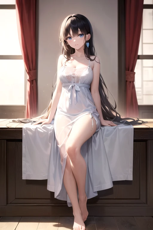 ((Top Best quality, 8k, Masterpiece :1.3)), Sharp focus :1.4, A pretty girl 18 years old with perfect figure :1.3,  Slender abs :1.3, korean , ((K-Pop idols)), 、((full body)), high resolution, Works of masters, A high resolution,  Super beautiful face, super beautiful eye, ((detailed face)), ((detailed eyes)), ((detailed transparent underwear)), Super beautiful wavy hair，((detailed sexy transparent mini underwear))，((detailed transparent panty)), ((detailed pantyhose)), (()), ((detailed bra)), revealing cleavage, sexy pose, sexy smile, ((sea resort five star, city night))