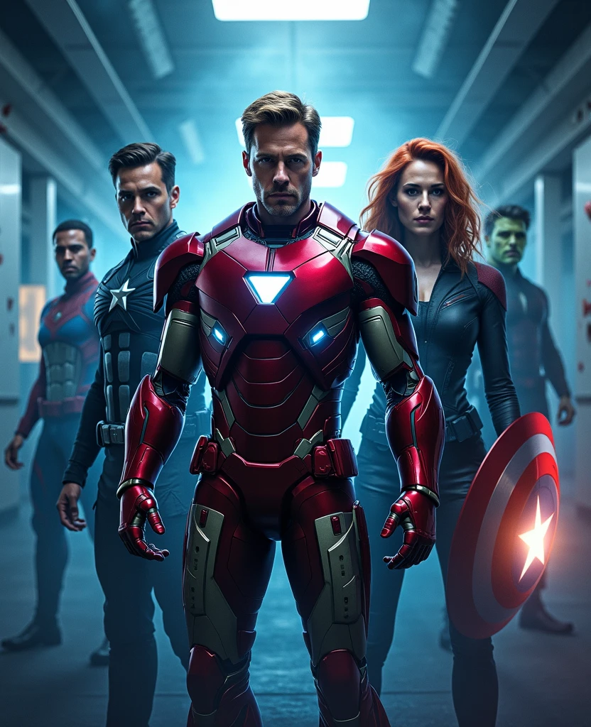 "Create an image of the Avengers reimagined as realistic anime characters. Include Iron Man, Captain America, Thor, Hulk, and Black Widow, each designed with detailed, lifelike anime features. Capture their iconic looks with sleek, intricate armor and costumes that blend realism with anime aesthetics. The characters should have sharp, expressive eyes, well-defined muscles, and dynamic poses, reflecting their unique powers and personalities. Set them in a modern cityscape, with dramatic shadows and highlights to enhance the realism, making the scene feel intense and action-packed."