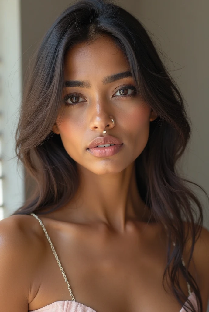 Skinny young woman influencer with protruding collarbones and chest bones wavy black hair tan skin perfect face