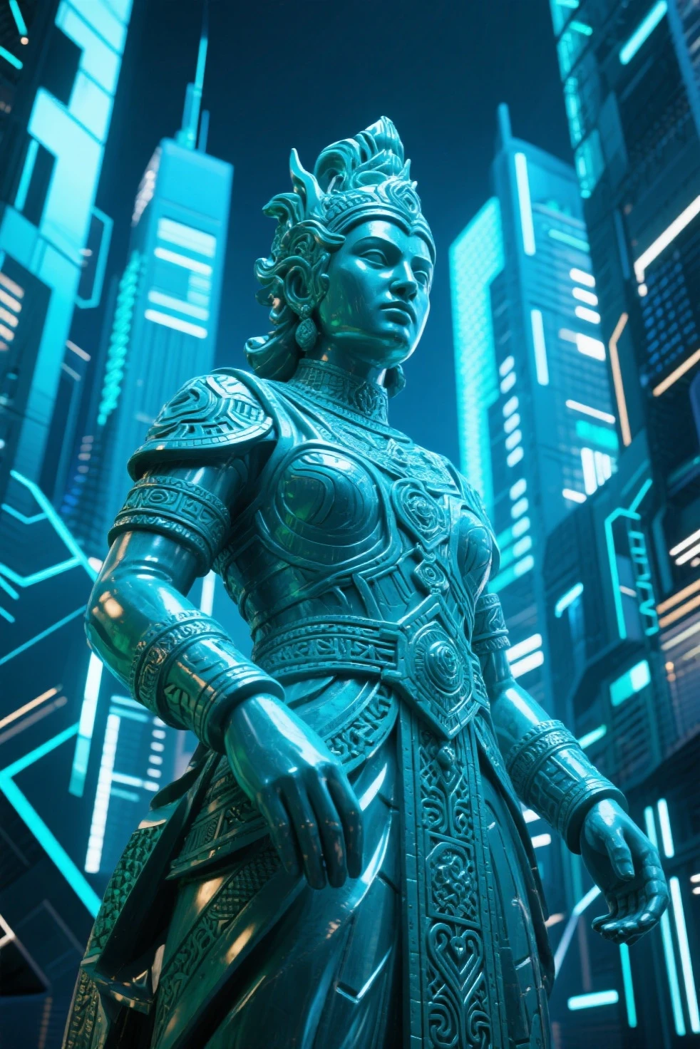 (Highest quality, Ultra HD, 16k, Masterpiece) A colossal statue of an Indian god stands majestically in the heart of a highly futuristic city, surrounded by towering high-rise buildings, flying cars, and vibrant bioluminescent lights. The statue, intricately designed with a blend of ancient and modern elements, depicts the deity in a serene and powerful pose. Neon lights and holographic projections add a surreal glow to the statue, highlighting its divine presence amidst the ultramodern environment.
The cityscape is a dazzling mix of sleek skyscrapers, each adorned with luminous advertisements and digital displays. Flying cars zip through the air, leaving trails of light behind them, creating a dynamic and bustling atmosphere. The streets below are lined with lush, exotic flowers, whose petals emit a soft, bioluminescent glow, adding a touch of nature's beauty to the urban setting.
The statue is surrounded by a lush garden oasis, a striking contrast to the metallic and glass structures that dominate the skyline. This green sanctuary is filled with diverse plant life, including bioluminescent flora that illuminates the night with a gentle, otherworldly light. The air is filled with a mix of futuristic sounds and the soft rustle of leaves, creating a harmonious blend of nature and technology.
Soft beams of light from the setting sun and the city's neon glow create a stunning interplay of colors and shadows, casting an ethereal ambiance over the scene. The overall composition captures the awe-inspiring fusion of ancient spirituality and cutting-edge innovation, evoking a sense of wonder and reverence for both the divine and the futuristic marvels of human achievement. This image portrays a breathtaking vision of a harmonious coexistence between tradition and progress in a vibrant, futuristic metropolis. ((((long shot))), (((drone shot))), (((shot from above))), ((((huge statue)))), (((colossal statue)))