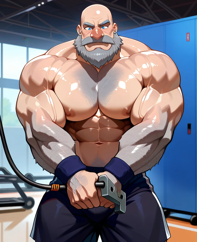 Middle-aged man, detailed face, gray hair, seductive look, mustache, masculine face, muscular body, prominent veins. He is wearing very tight sports pants showing his muscles, a big bulge, a wet white tank top.
