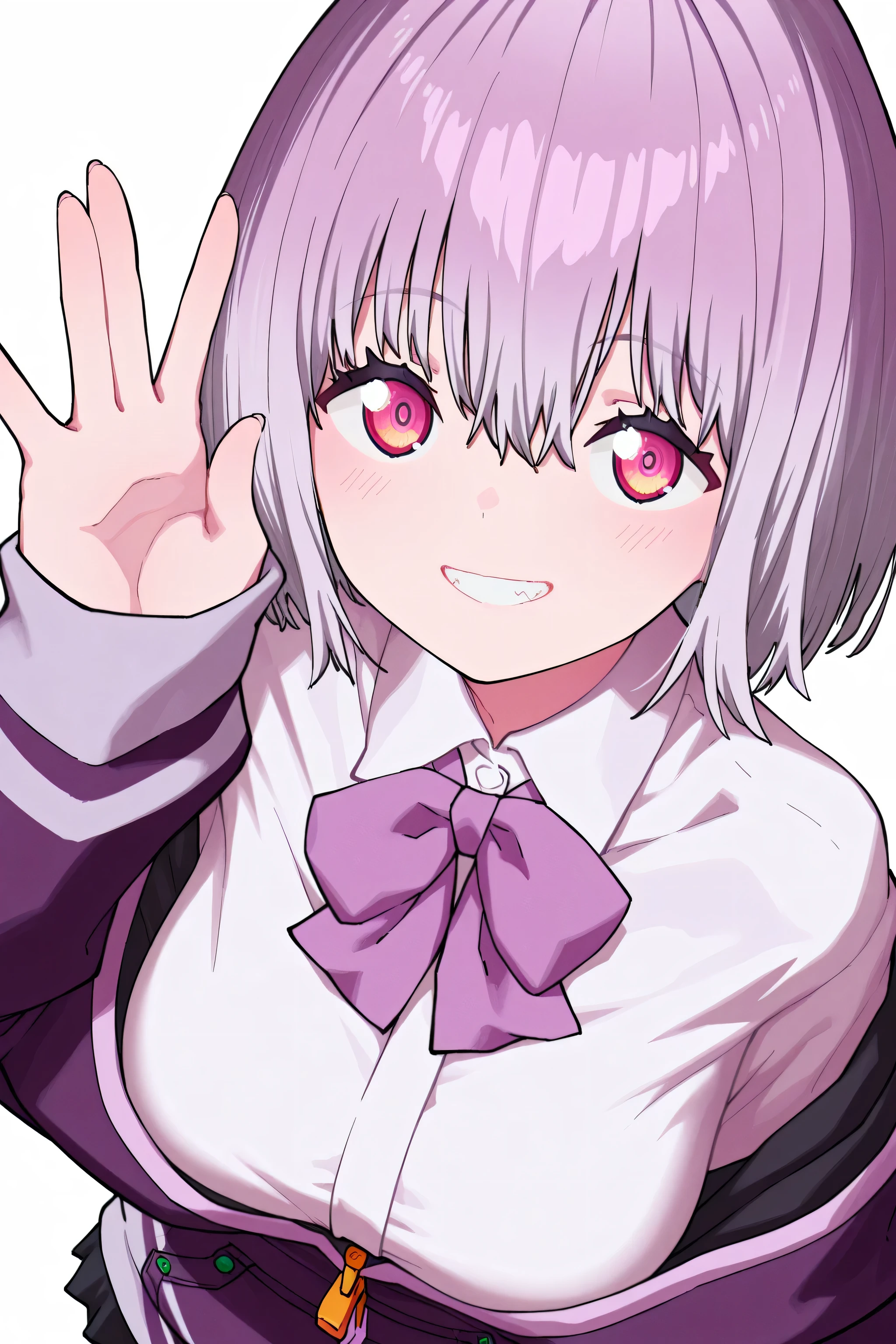 kmj-anonstyle, [artist:yoneyama mai], [artist: ekrea_jan], masterpiece,best quality,amazing quality, 748cmstyle, solo, eye focus, gridman universe, ssss.gridman, shinjou akane, 1girl, off-shoulder jacket, purple jacket, partially unzipped, white shirt, purple bowtie, miniskirt, black skirt, grin, hair between eyes, light blush, looking at viewer, purple bow, purple eyes, purple hair, salute, shirt, short hair, simple background, smile, solo, teeth, vulcan salute, white background, white shirt